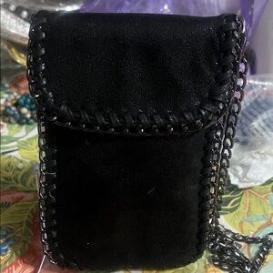 Black Suede Crossbody Phone Bag with Chain Trim